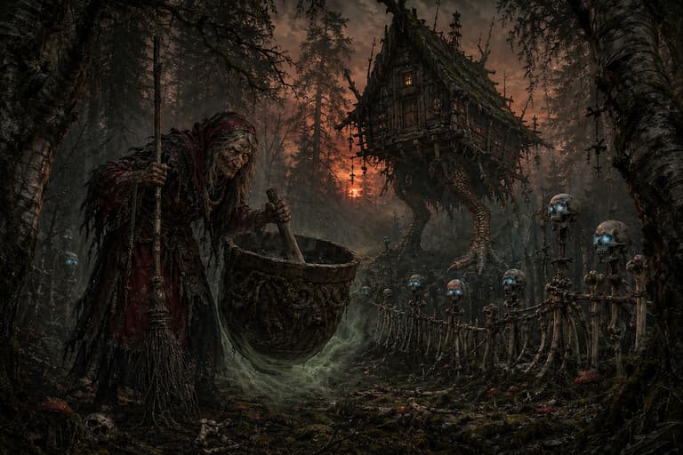 Baba Jaga — stará čarodejnica s metlou pred chalúpkou na kuracích nohách v hmlistom prastarom lese