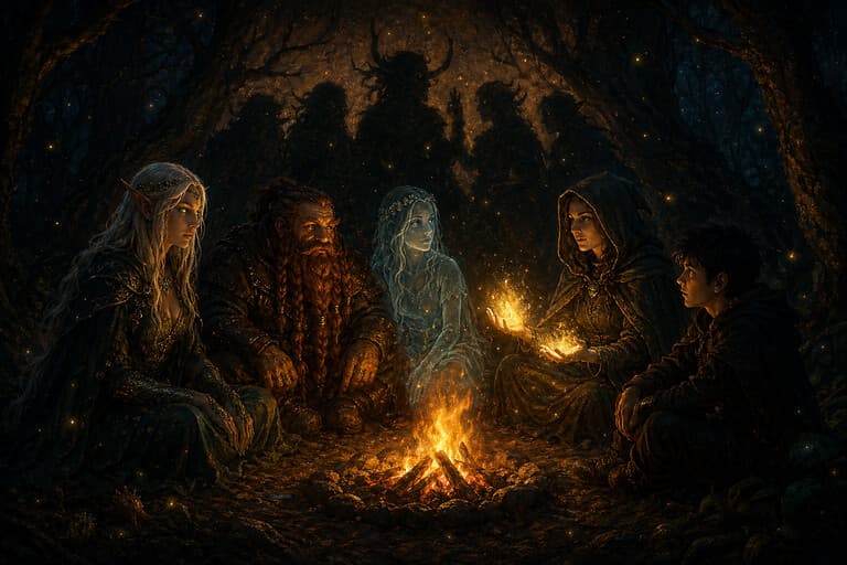 Rozmanité magické bytosti pri ohni v temnom lese — elf, trpaslík, duch, liečiteľka a chlapec spolu zdieľajú teplo