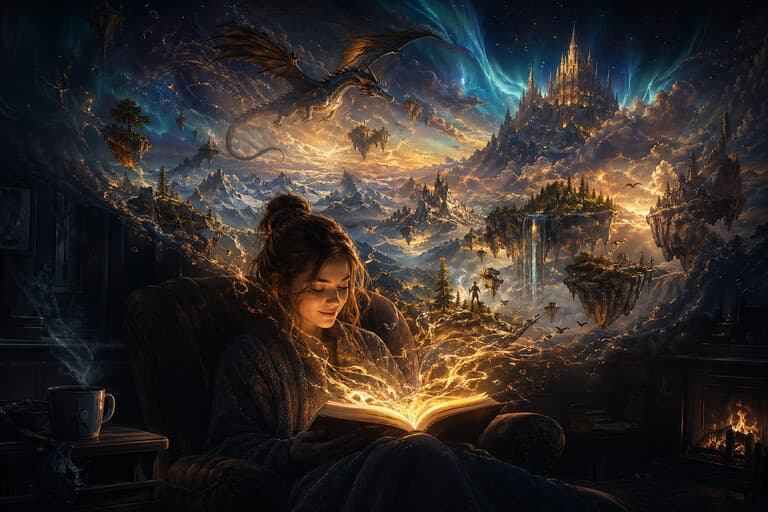 Čitateľ ponorený do žiariacej knihy, z ktorej sa vynára celý fantasy svet — draky, hrady a magická energia