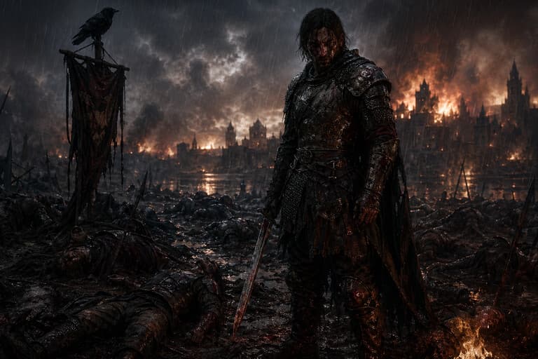 Unavený bojovník v daždi na blativom bojisku — grimdark fantasy bez hrdinského pátosu