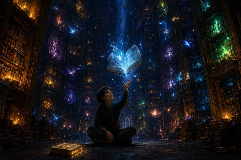 Magická knižnica plná žiariacich kníh — nekonečné fantasy svety čakajú na objavenie
