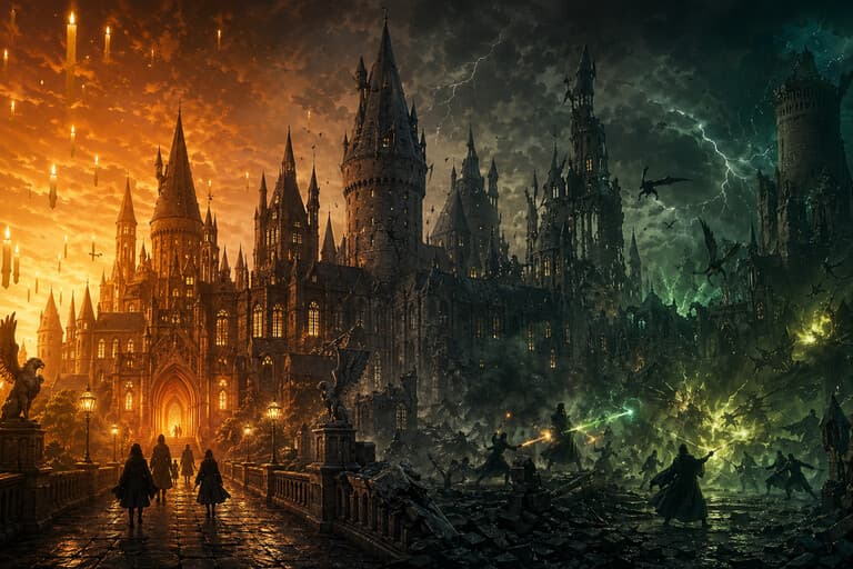 Prechod ságy od rozprávkového začiatku k temnej fantasy — hrad postupne prechádza zo zlatého svetla do zeleného temna