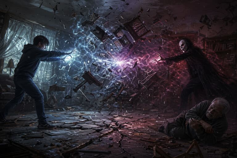 Telekinetický súboj — chlapec a maskovaná postava proti sebe, medzi nimi víria úlomky nábytku v modrej a fialovej energii