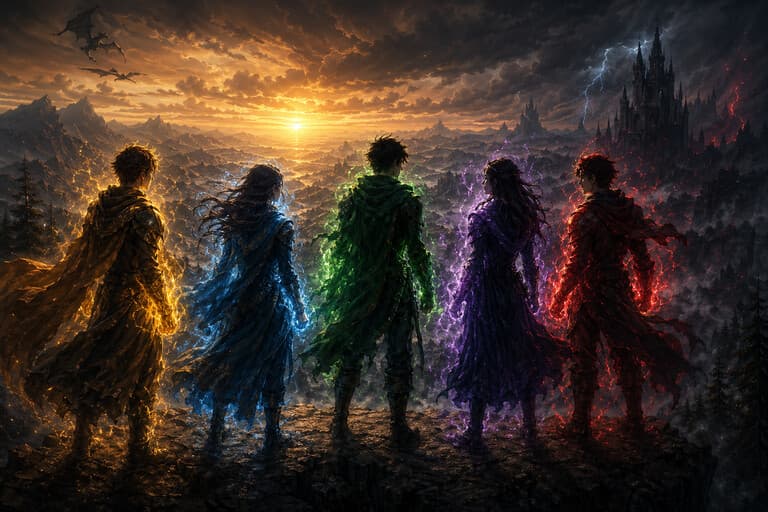 Pätica mladých hrdinov s magickými aurami na útese pri západe slnka — esencia young adult fantasy